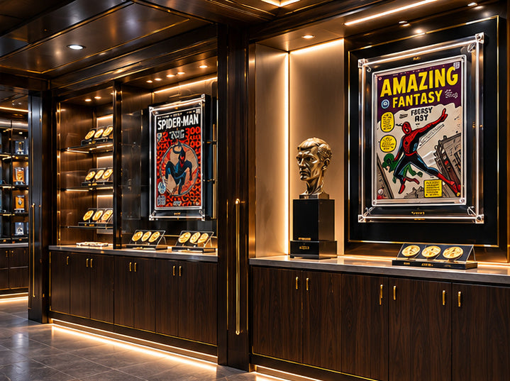 Custom display installation with framed comic books and a bronze bust