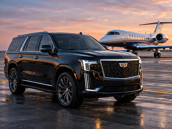 Black luxury SUV beside a private jet on a wet airport tarmac at sunset