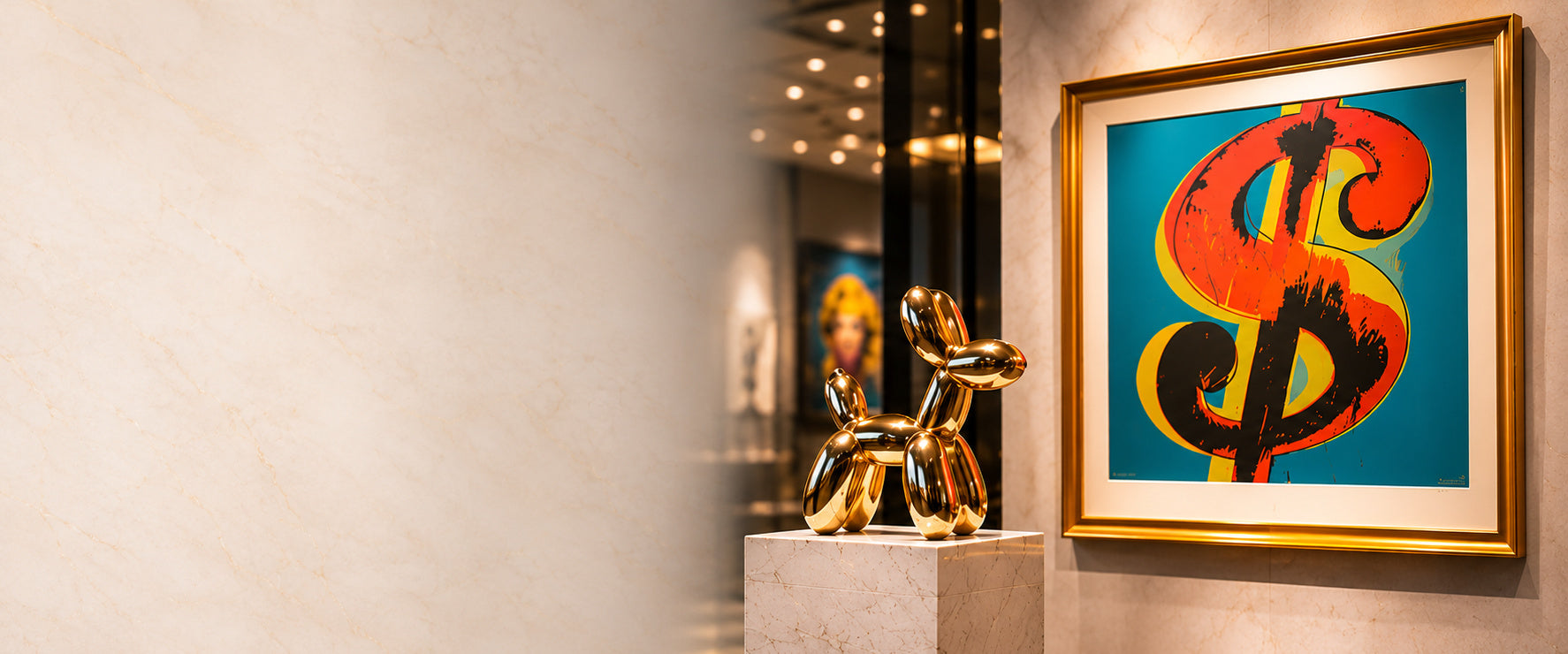 Gold balloon-dog sculpture on a marble plinth beside a framed pop-art dollar-sign artwork in a lit gallery
