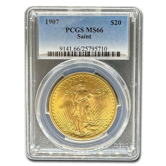 1907 $20 Saint Gaudens Gold Double Eagle in a PCGS MS66 holder