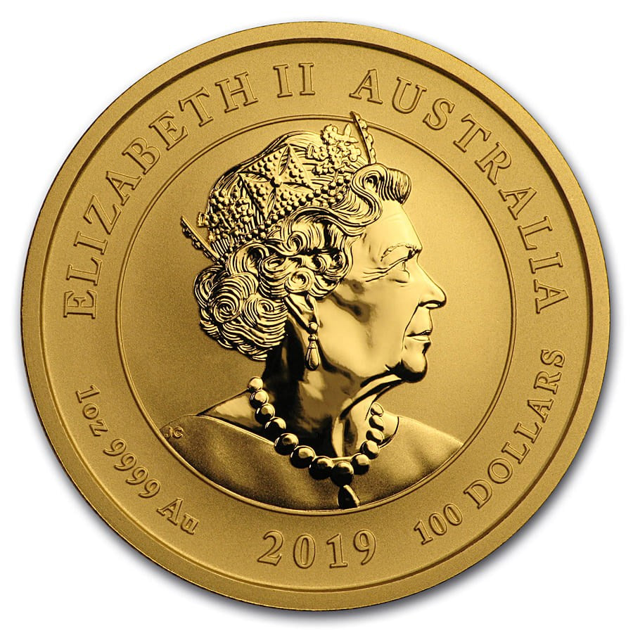 2019 Australia 1 oz Gold Dragon and Tiger coin, obverse with Queen Elizabeth II portrait
