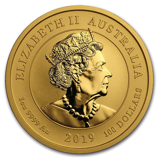 2019 Australia 1 oz Gold Dragon and Tiger coin, obverse with Queen Elizabeth II portrait