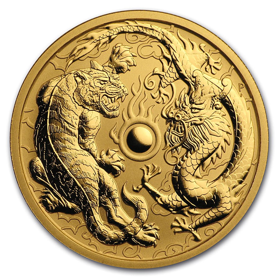 2019 Australia 1 oz Gold Dragon and Tiger coin, reverse with dragon, tiger and flaming pearl