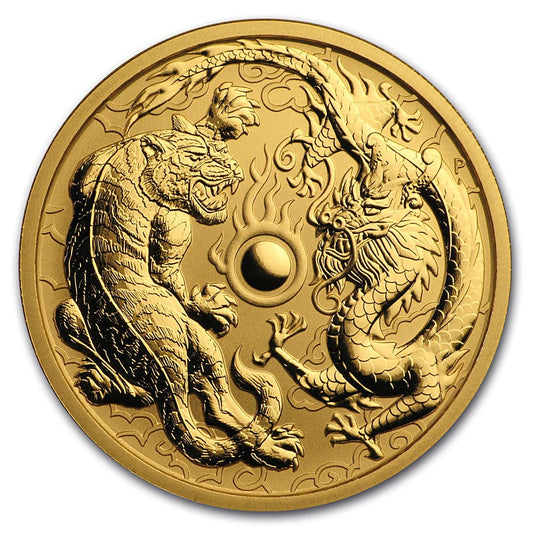 2019 Australia 1 oz Gold Dragon and Tiger coin, reverse with dragon, tiger and flaming pearl
