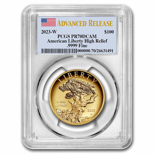 2023 W High Relief American Liberty Gold PR70 DCAM in a PCGS Advanced Release holder