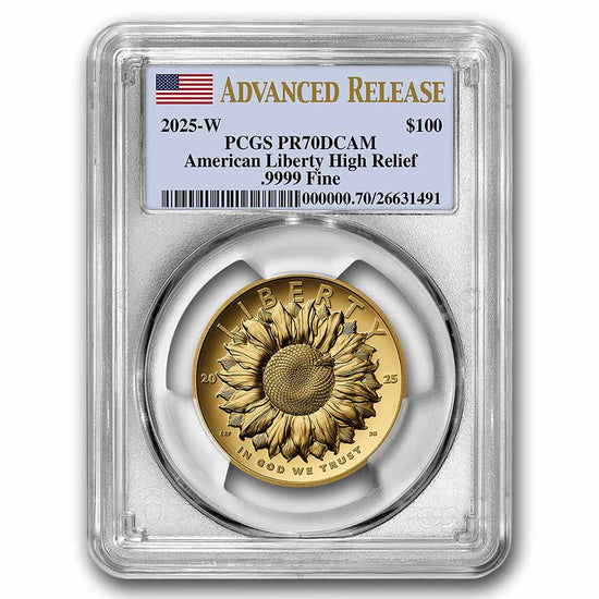 2025 W High Relief American Liberty Gold PR70 DCAM in a PCGS Advanced Release holder