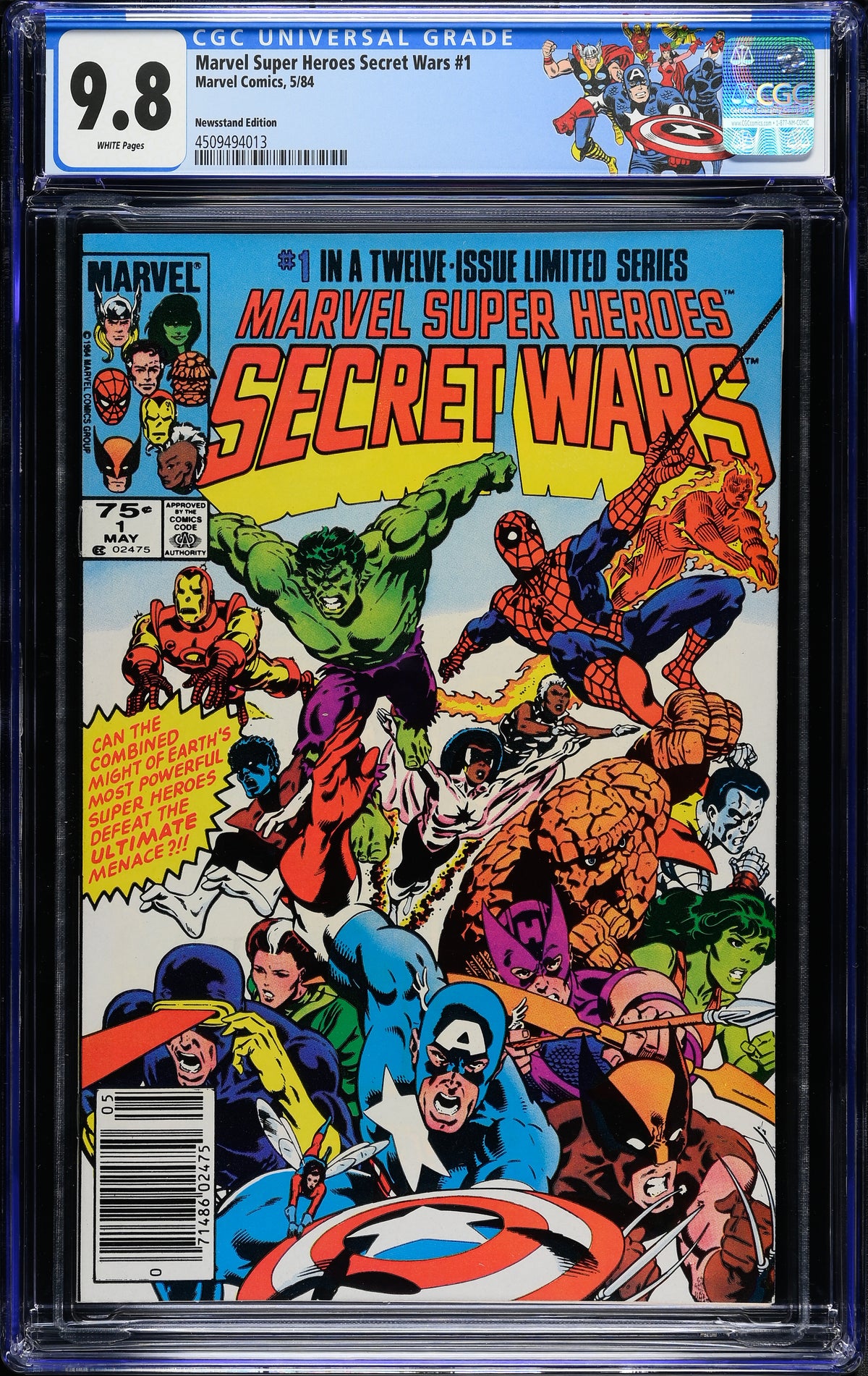 Marvel Super Heroes Secret Wars #1 (Marvel Comics, May 1984), Newsstand Edition, in a CGC 9.8 white pages holder – front view