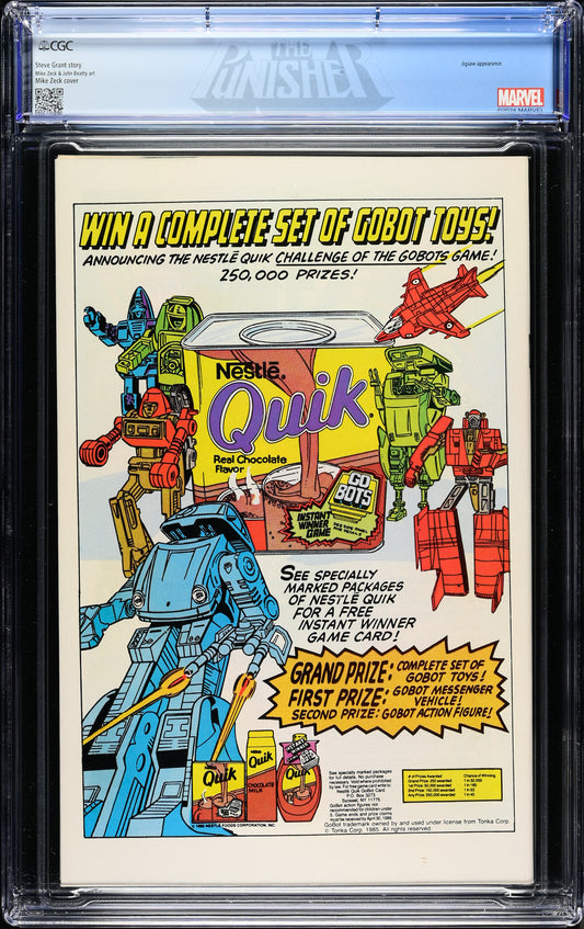 Punisher Limited Series #1 (Marvel Comics, January 1986), Newsstand Edition, in a CGC 9.8 holder with the CGC Punisher custom label – back view