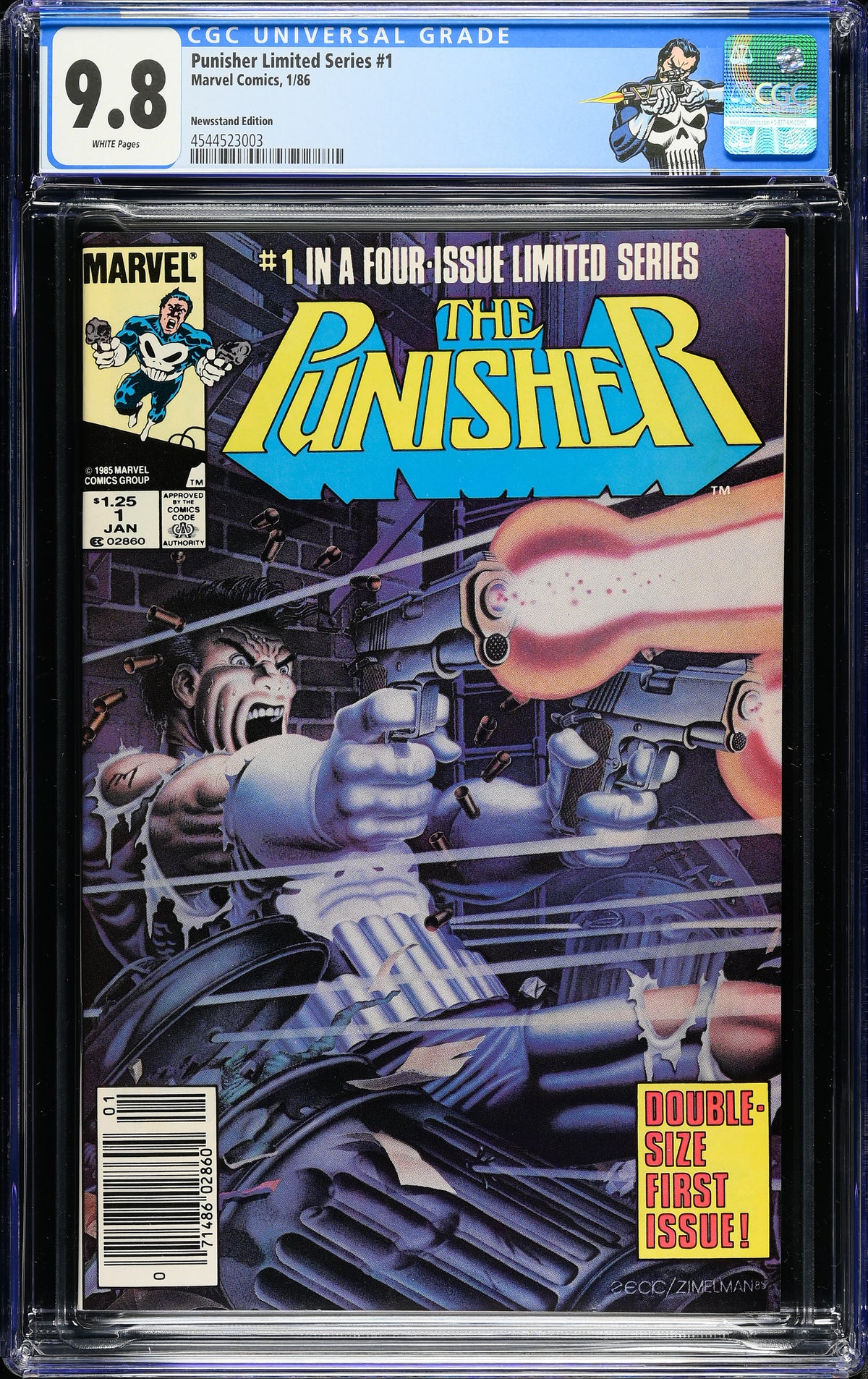 Punisher Limited Series #1 (Marvel Comics, January 1986), Newsstand Edition, in a CGC 9.8 white pages holder – front view