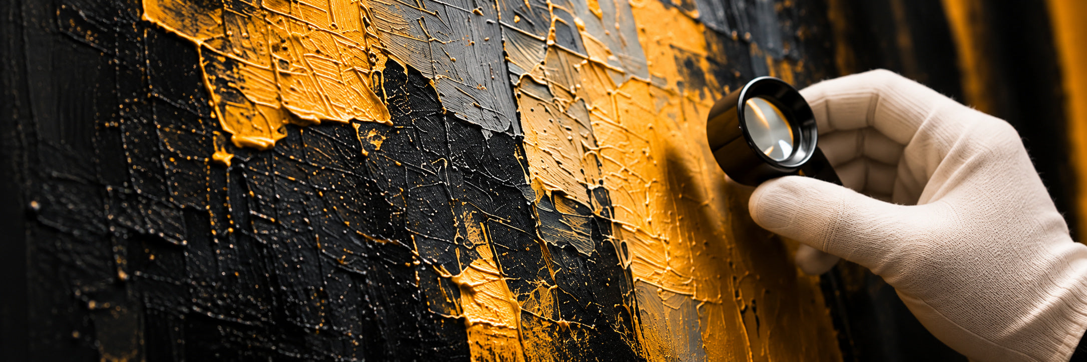 Gloved hand holding a loupe over a textured black and gold painting