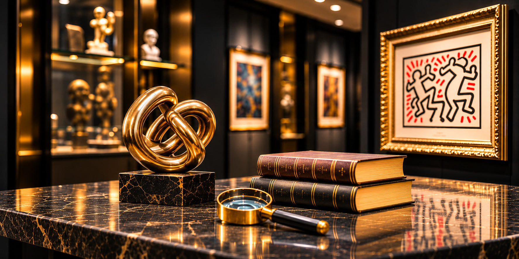 Gold knot sculpture, leather-bound books and a magnifying glass on a black marble console in front of a framed gold-leaf artwork