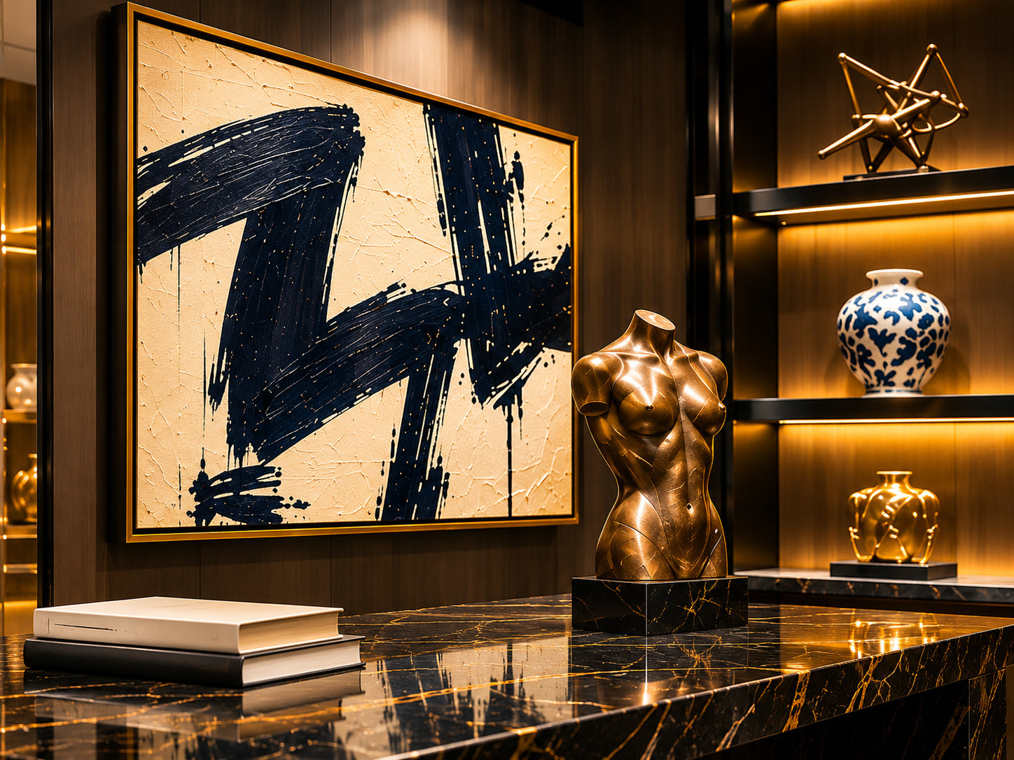 Large abstract painting in a gold frame beside a bronze torso, vase and sculpture on lit shelves