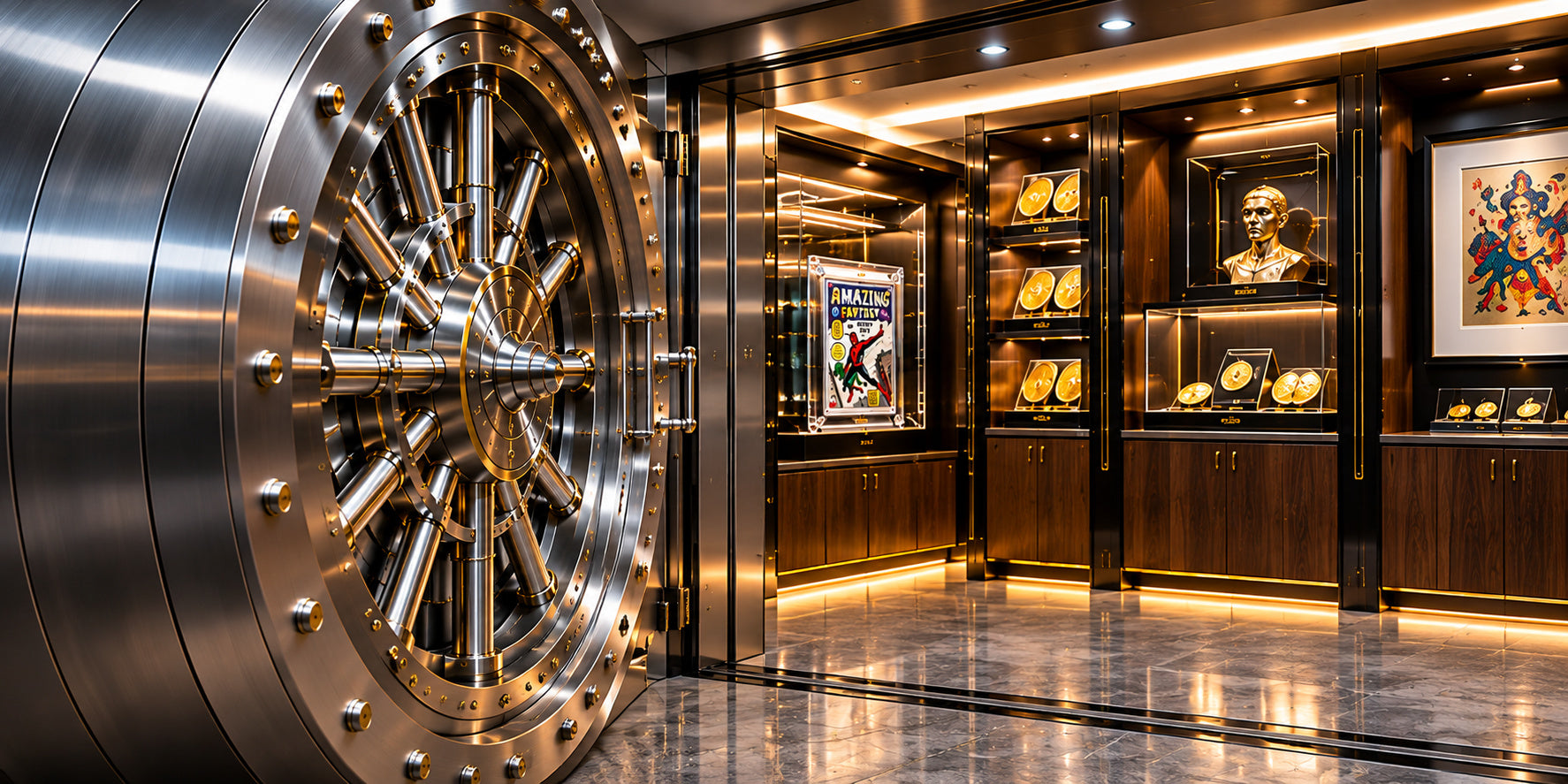 Polished steel vault door opening onto a gallery of illuminated display cases