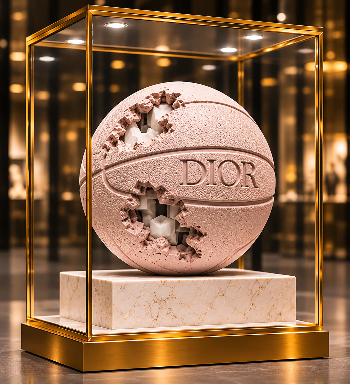 Daniel Arsham Dior basketball sculpture in a display case