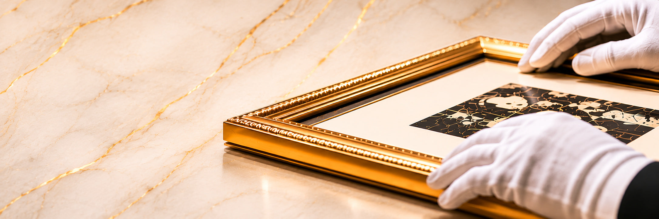 White-gloved hands handling a gold-framed artwork on a black marble surface