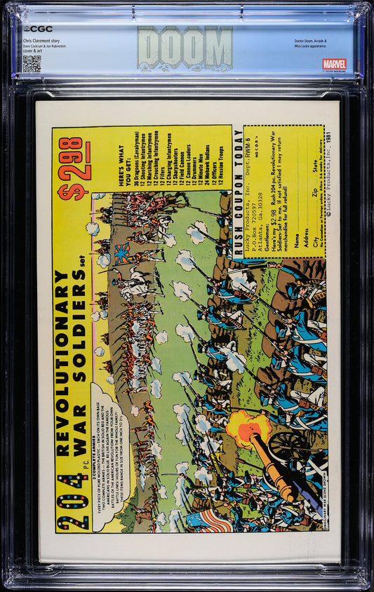 The Uncanny X-Men #145 (Marvel Comics, May 1981), Newsstand Edition, in a CGC 9.8 holder with the CGC Doctor Doom custom label – back view