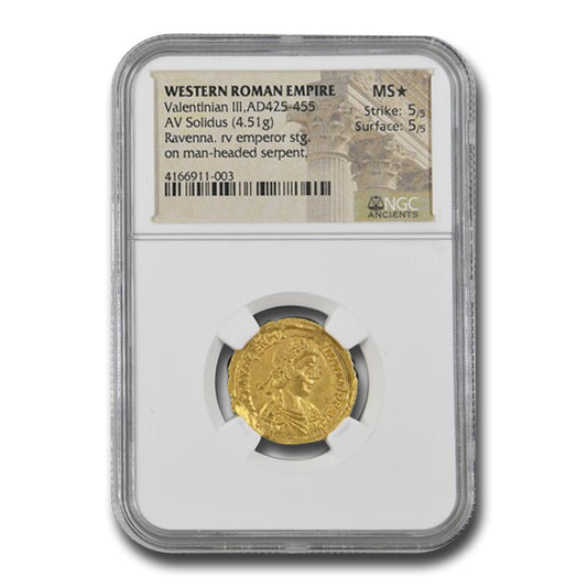 Roman Gold Solidus of Valentinian III in an NGC Ancients MS★ holder
