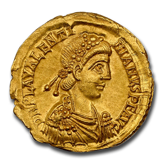 Roman Gold Solidus of Valentinian III obverse, bust facing right
